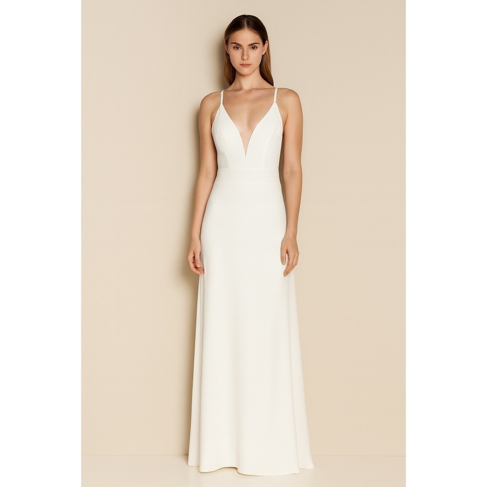 White Satin Slip Maxi Dress Tag L Fits S 32" Bust Deep V Minimalist Bridal Prom‎
